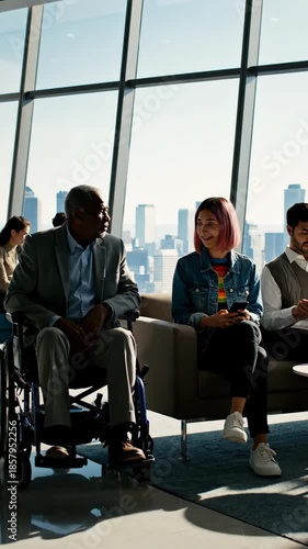 People waiting in a modern airport lounge with a city view through large windows.