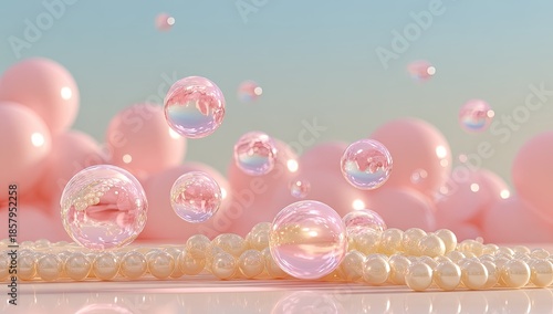 Pink spheres & iridescent bubbles float above pearls against a soft backdrop