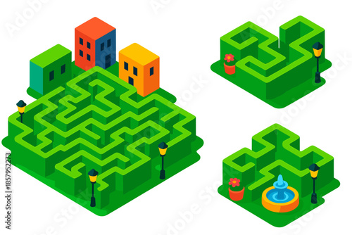 Urban Hedge Maze. Isometric vector illustration set Urban Hedge Maze: miniature city maze, green hedge walls, twisting corridors,