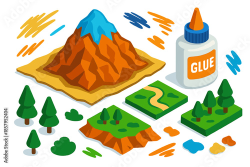 Colorful Paper Mountain. Isometric vector illustration set Paper Mache Mountain: crafted paper mountain, miniature slopes, tiny