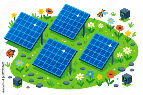 Solar Panel Meadow. Isometric vector illustration set Solar Panel Meadow: tilted solar panels, meadow flowers, small insects,