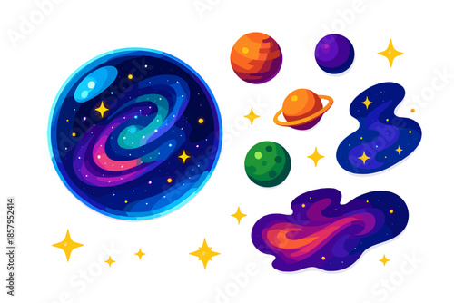 Glass Marble Galaxy. Isometric vector illustration set Glass Marble Galaxy: glass orb, tiny planets, glowing nebula swirls,