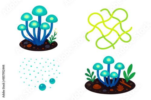 Bioluminescent Fungi Scene. Isometric vector illustration set Fungus Network: bioluminescent mushroom network, twisting mycelium,