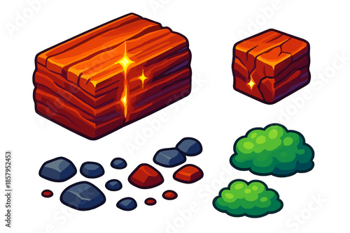 Petrified Wood Icon. Isometric vector illustration set Petrified Wood Chip: layered petrified wood piece, tiny cracks, reflective