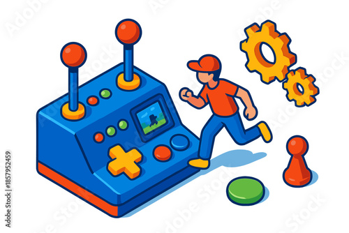 Gaming Console Adventure. Isometric vector illustration set Mechanic Player Interaction: gaming console with levers, miniature