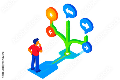 Interactive Story Paths. Isometric vector illustration set Narrative Choice Branch: interactive story tree, branching paths,