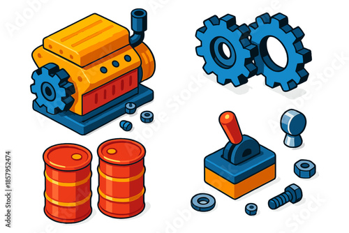 Industrial Engine Blueprint. Isometric vector illustration set Resource Engine Builder: industrial machinery, spinning cogs,