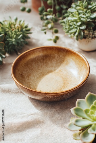 Light-brown ceramic bowl on a linen cloth, surrounded by succulents