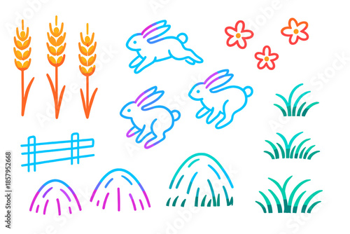Neon Wheatfield Wonderland. Isometric vector illustration set Wheatfield Rabbit: glowing wheat stalks, neon rabbits hopping,