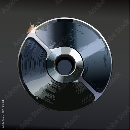 Close up of a silver audio reel with a hint of orange light on the left side against a dark gray gradient background symbolizing vintage sound recording technology