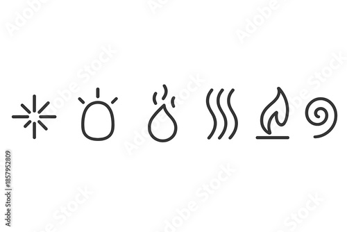 Heat Element Icons. Line style icons of Heat Elements: spark flick, warm glow shape, rising ember, heat wave line, burning tip,