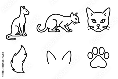 Feline Line Art Icons. Line style icons of Feline Creatures: slender feline, crouching feline, feline head, fluffy tail, pointed