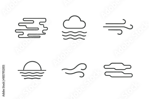 Atmosphere Line Icons. Line style icons of Atmosphere Scenes: layered haze, floating mist, gentle airflow, horizon glow, thin