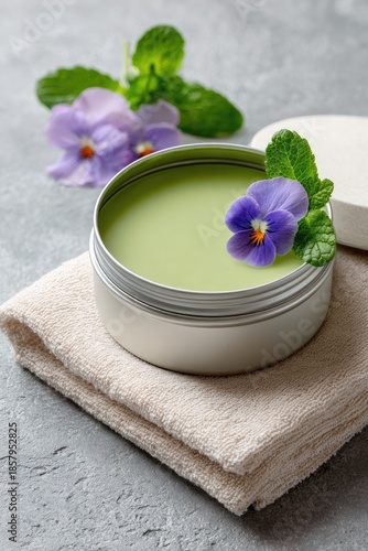 Herbal balm in tin, adorned with pansies and mint