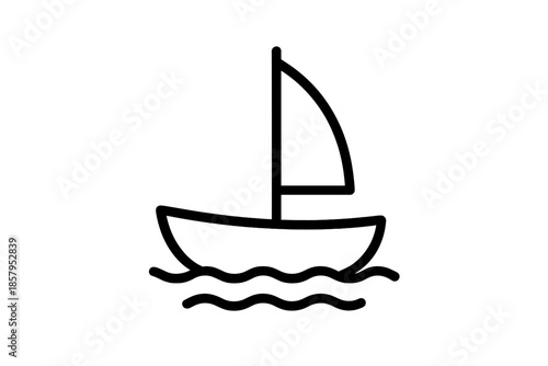 Line Style Boats. Line style icons of Vessels: small boat, curved hull, upright mast, gentle sail arc, rounded stern, floating
