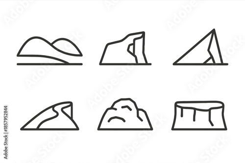 Highland Line Icons. Line style icons of Highlands: rolling hills, steep cliff, slanted ridge, plateau edge, ascent path, rocky
