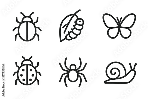 Garden Creatures Icons. Line style icons of Garden Creatures: tiny bug, leaf visitor, soft crawler, winged dot, delicate outline,