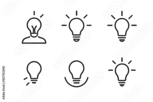 Minimalist Thought Icons. Line style icons of Ideas: thought spark, concept light, minimal bulb hint, gentle radiance, curved glow