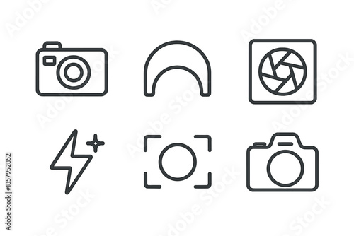 Photography Tools Icons. Line style icons of Photography Tools: compact camera, lens arc, shutter frame, minimal flash hint, focus