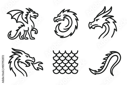 Dragon Line Icons. Line style icons of Dragon: winged dragon, curled dragon, dragon head, flame breath arc, scaled body line, tail