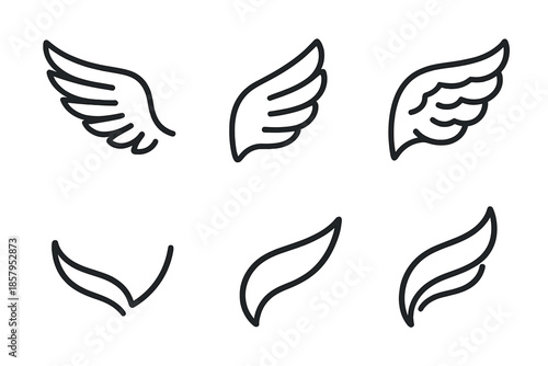 Wing Icon Collection. Line style icons of Wing: open wing, folded wing, feathered wing, light wing arc, minimal flight shape,