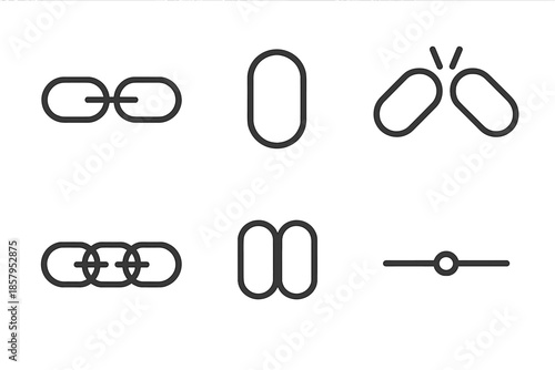Chain Link Icons. Line style icons of Chain: linked chain, single link, broken link, long chain segment, oval link pair, minimal