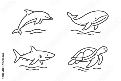 Ocean Creature Icons. Line style icons of Ocean Creatures: streamlined form, soft tail sweep, dorsal hint, calm swimmer, water