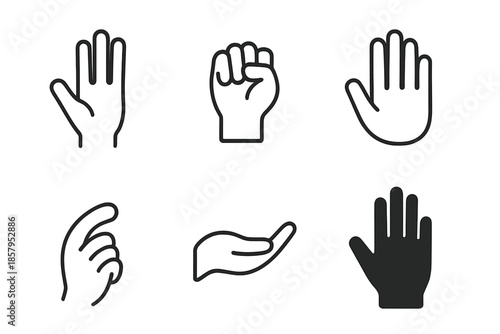 Hand Icons Collection. Line style icons of Hand: open hand, closed hand, palm outline, finger curve, gentle gesture, simple