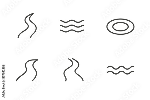 River Line Art. Line style icons of River: flowing curve, gentle stream, ripple line, river bend, water trail, wave path. No text,