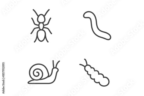 Small Critters Icons. Line style icons of Small Critters: tiny crawler, curved form, simple shell hint, soft body contour,