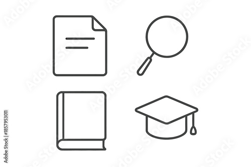 Study Elements Icons. Line style icons of Study Elements: curved page line, lens circle, simple cover, delicate contours, minimal