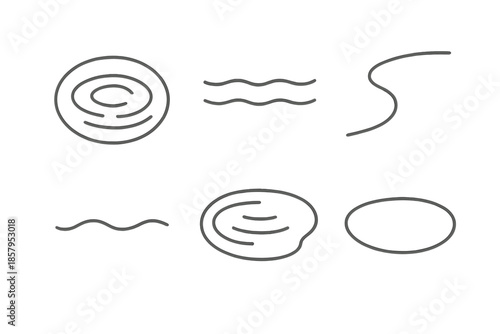 Minimal Water Icons. Line style icons of Water Scenes: soft ripple, quiet surface, curved bank, light wave line, minimal pond form