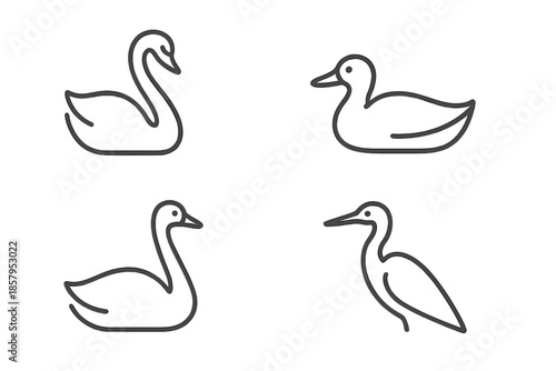Water Bird Icons. Line style icons of Water Birds: gentle wing arc, long neck curve, soft silhouette, subtle beak tip, minimal