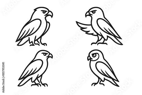 Birds of Prey Icons. Line style icons of Birds of Prey: sharp beak arc, wide wing line, focused gaze, slender body, subtle feather