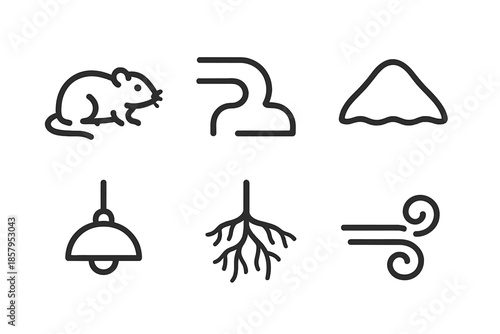 Burrow Icons Elegance. Line style icons of Burrow Dweller Light: small mammal form, soil tunnel, mound outline, hanging lamp, root