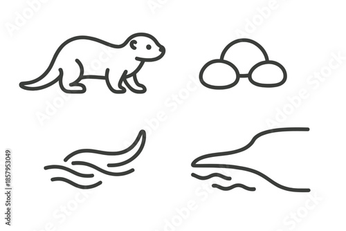 Stream Mammal Icons. Line style icons of Stream Mammal Pebble: small otter form, rounded pebbles, shallow flow, tail sweep, bank