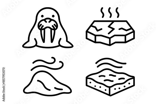 Polar Ice Dweller Icons. Line style icons of Polar Ice Dweller: walrus-like form, pointed tusks, cracked ice, snow drift, muzzle