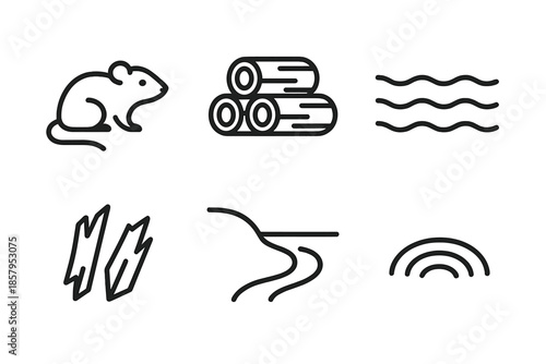 Riverbank Log Icons. Line style icons of Riverbank Log Structure: animal hint, layered logs, smooth current, wood shards,