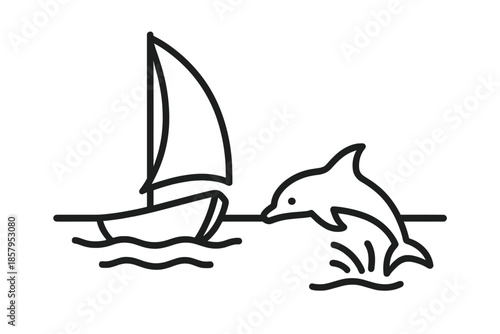 Sailwater Mammal Icons. Line style icons of Sailwater Mammal Scene: strong silhouette, curved sail, smooth sea, fin outline,