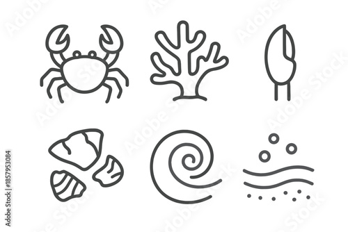 Crustacean Reef Icons. Line style icons of Crustacean Reef Grip: crab-like outline, reef coral, gripping claw, shell bits, ocean