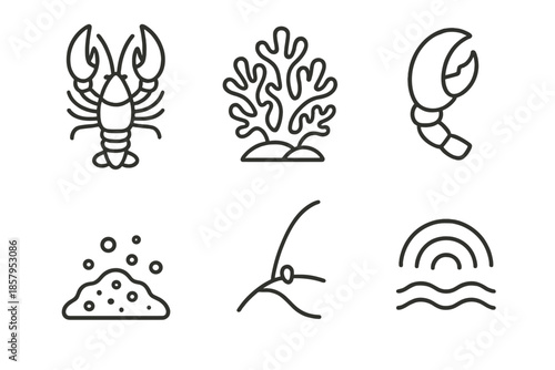 Coralhold Lobster Icon. Line style icons of Coralhold Claw Motion: sturdy lobster form, reef bloom, extended claw, seabed grit,