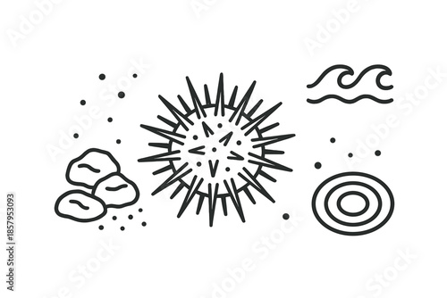 Spiny Reef Sphere Icons. Line style icons of Spiny Reef Sphere: round urchin form, sharp spines, reef stones, sand specks, wave