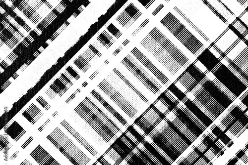 Foto Macro halftone of diagonal plaid stripes and broken blocks, like a glitchy fabric grid, black ink pattern on a transparent background