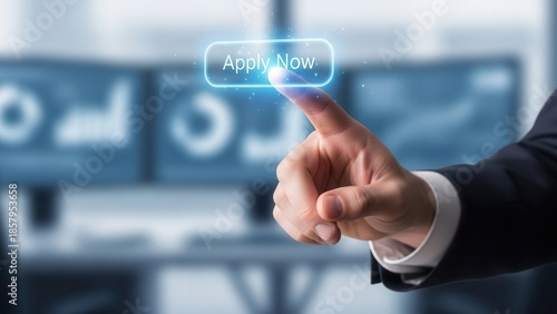 Closeup Businessman Hand pointing at virtual Apply Now button, concept of online job application, career opportunity, recruitment portal, and digital hiring process