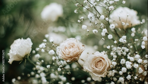 Delicate blush roses and tiny white flowers in soft focus