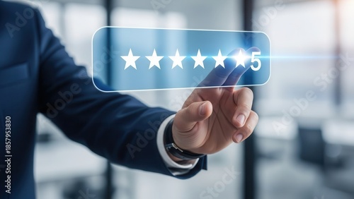 Closeup Businessman Hand selecting 5-star rating on virtual feedback interface, representing excellent customer satisfaction, service quality assurance, and positive user experience reviews