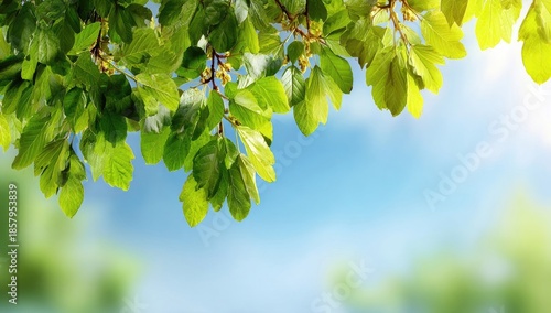 Lush spring foliage against a bright sky