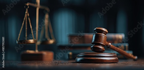 Justice themed image Scales, books, and a wooden gavel on a wooden surface