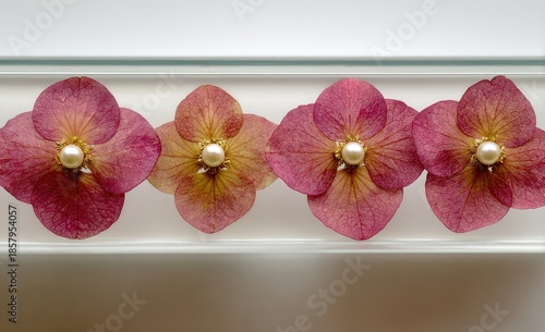 Dried flowers, delicate and arranged in a glass box, with pearls