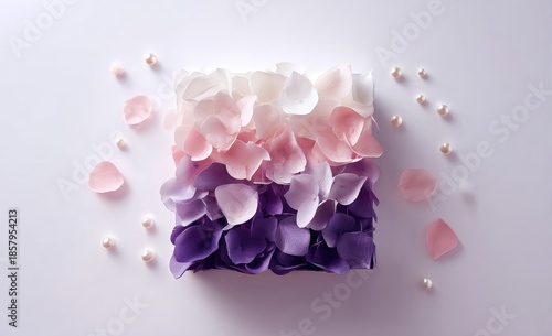 Square, layered petals in soft pinks, whites, and purples, with pearls